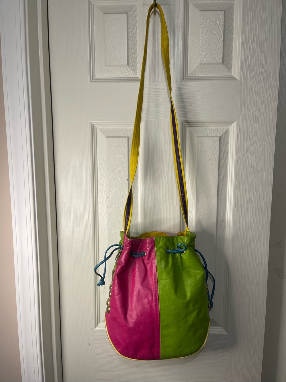 Vintage Leather 90’s Bucket Color Block Bright Studded Drawstring Bag